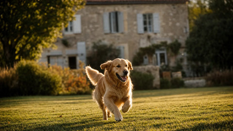 Chien libre et serein dans un grand jardin protégé par une clôture anti-fugue PERROWALL en fin de journée