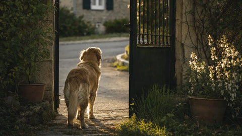 Chien attentif regardant au-delà d'un portail de jardin entrouvert, prêt à partir