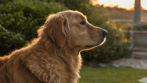 Chien au regard déterminé fixant l'horizon derrière la limite invisible de son jardin