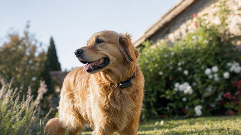 Chien équipé du collier GPS GeoGuard PERROWALL dans un jardin sous un ciel dégagé