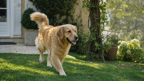 Chien qui se balade librement dans un jardin pavillonnaire protégé par une clôture sans fil PERROWALL autour de la maison