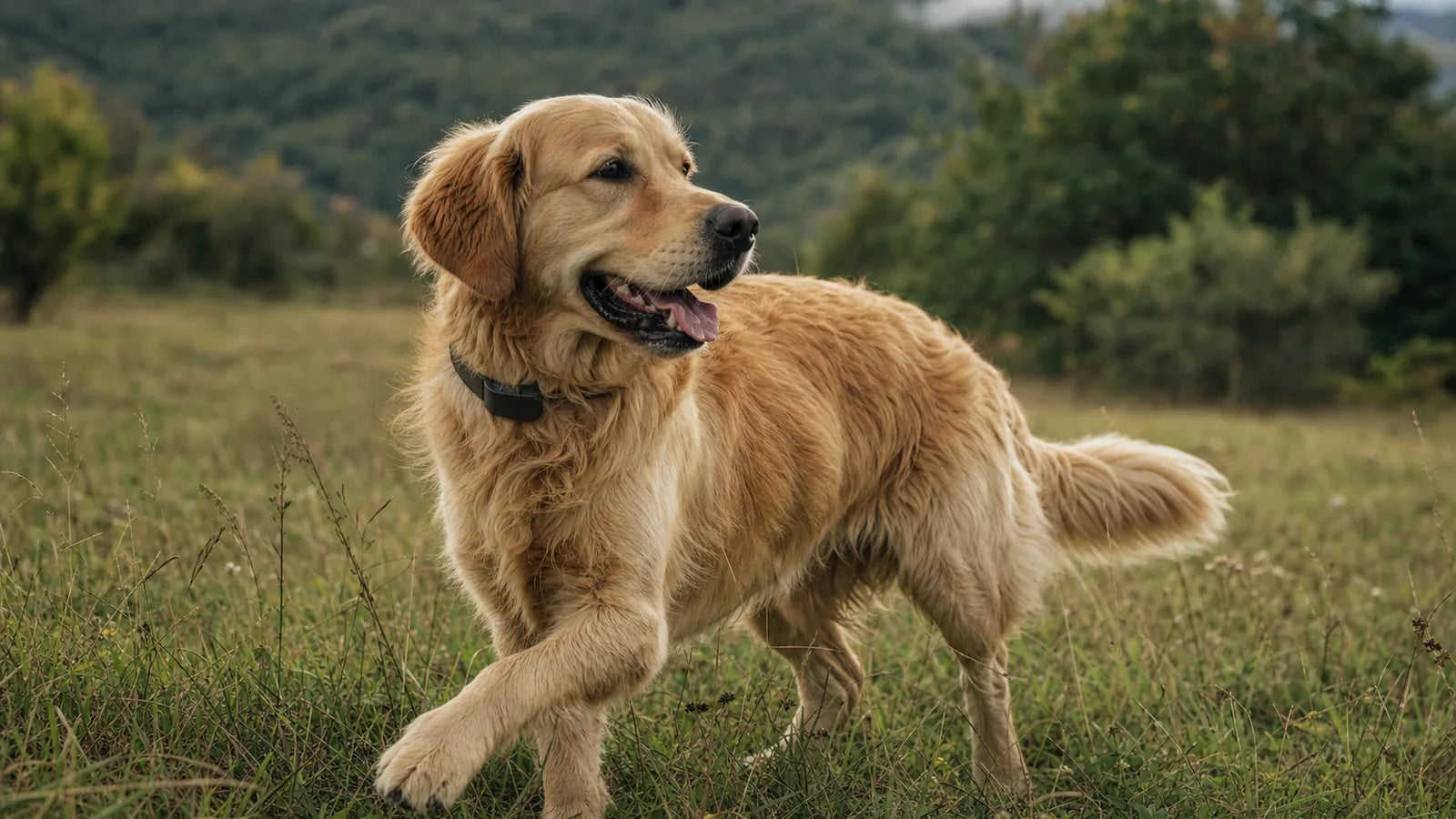 Chien équipé d'un collier GPS dans un grand espace ouvert protégé par PERROWALL