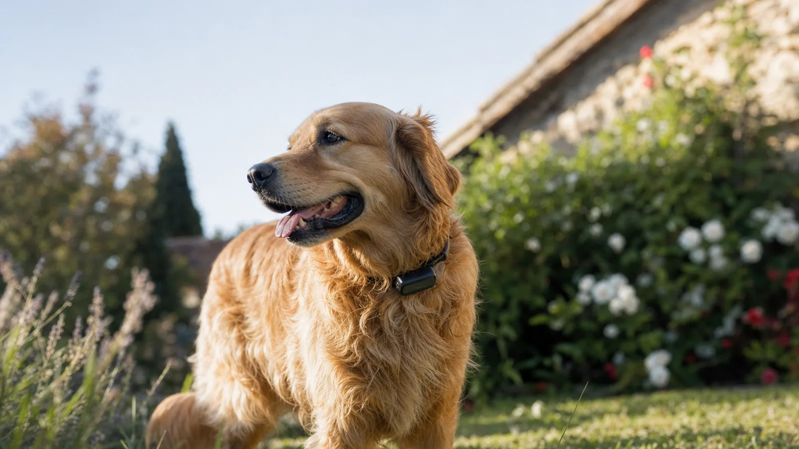 Chien équipé du collier GPS GeoGuard PERROWALL dans un jardin sous un ciel dégagé