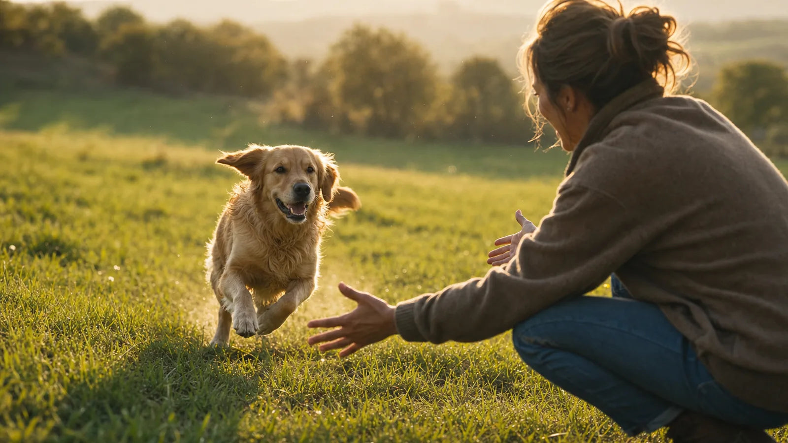 Chien qui revient en courant joyeusement vers sa maîtresse dans un pré ensoleillé