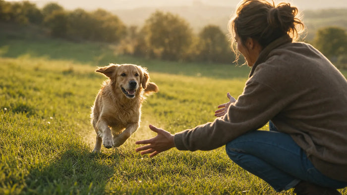Chien qui revient en courant joyeusement vers sa maîtresse dans un pré ensoleillé