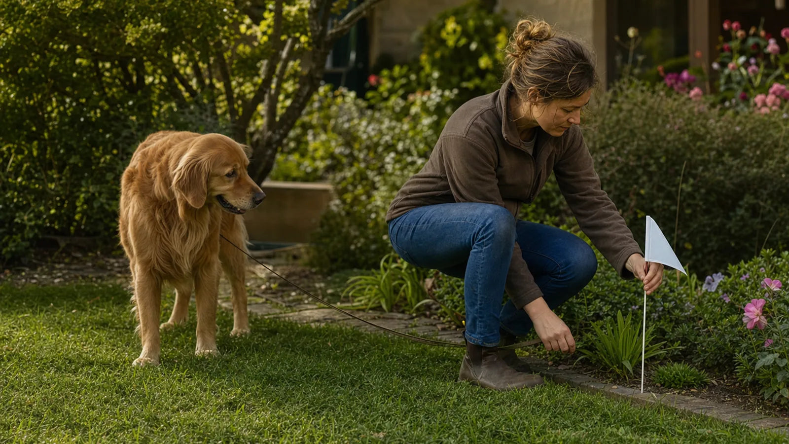 Maître posant des fanions blancs en bordure de jardin pendant que son chien observe en longe