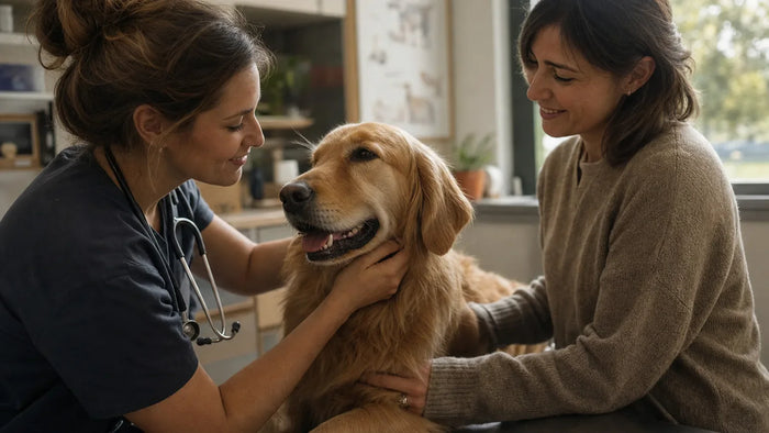 Vétérinaire et maître bienveillants auprès d'un chien détendu et confiant