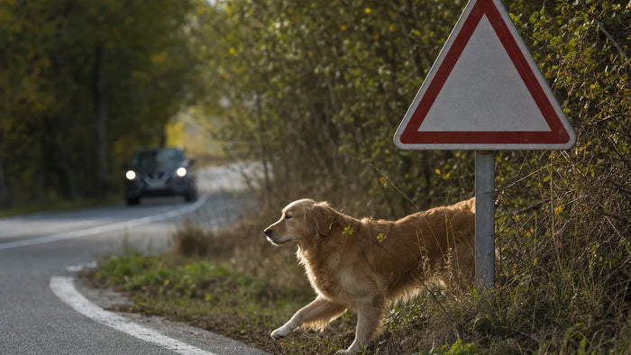 Panneau routier de signalisation et chien au bord d'une route de campagne, évocation du risque d'accident lié à la divagation