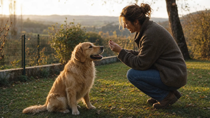 Maître récompensant joyeusement son chien près de la limite de son jardin