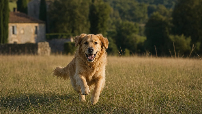 Chien courant librement dans un vaste terrain rural en prairie protégé par une clôture anti-fugue PERROWALL