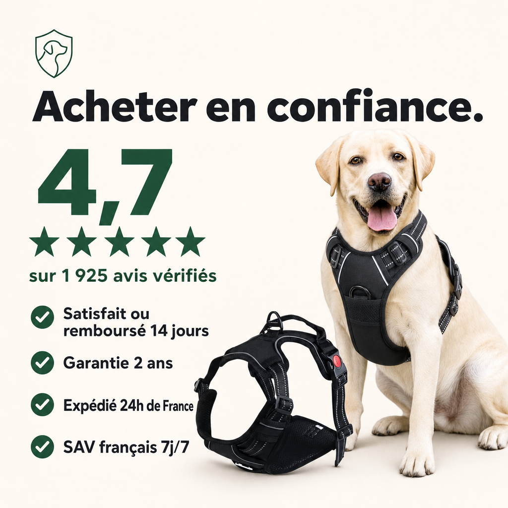 Harnais anti-traction chien, confort et contrôle PERROWALL : garanties et réassurance