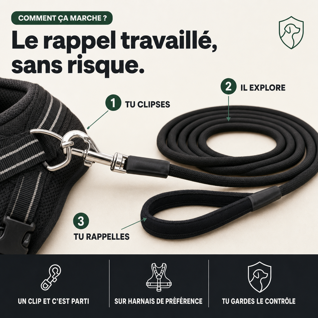 Laisse de travail longe chien, rappel en liberté PERROWALL : comment ça marche