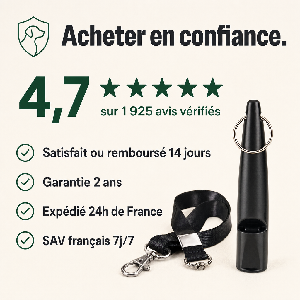 Sifflet de rappel ultrasons chien, signal clair PERROWALL : garanties et réassurance