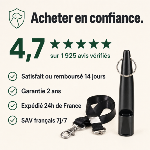 Sifflet de rappel ultrasons chien, signal clair PERROWALL : garanties et réassurance